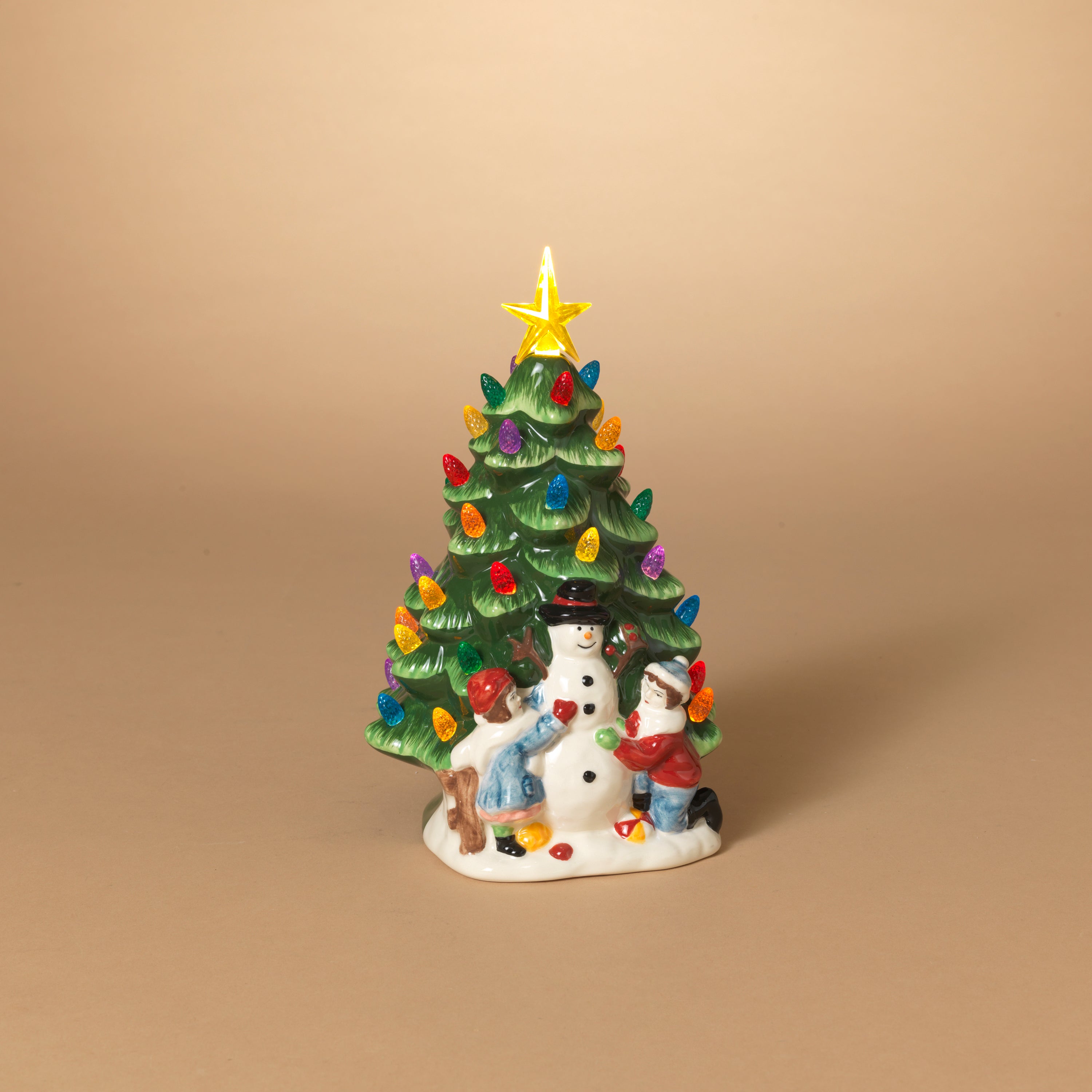 Illuminated 10 in H Battery Operated Lighted Ceramic Christmas Tree with Snowman